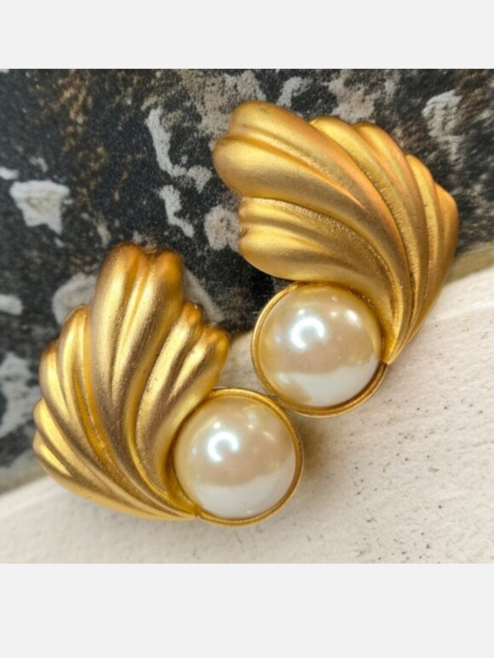 Vintage 1980's M JENT Matte Gold Pearl Euro Architectural Earrings